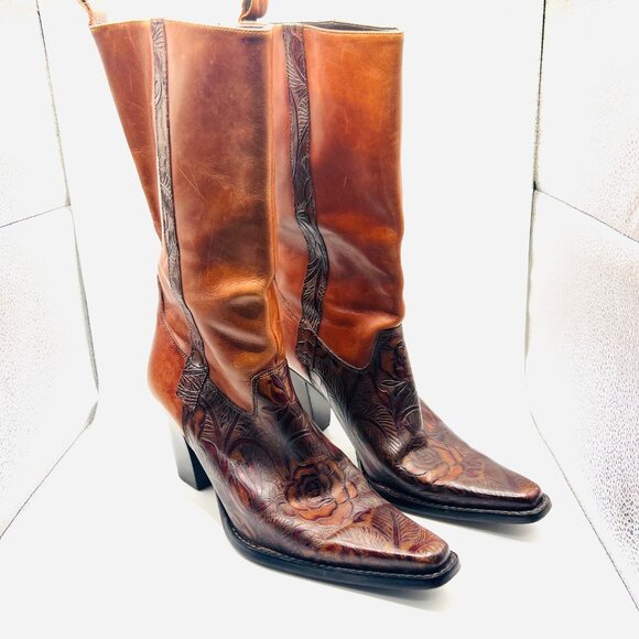 Antonio Melani Cassidy Tooled Leather Brown Rose Pointy Toe Boots-Glove Fit-Sz 7 - Picture 3 of 16